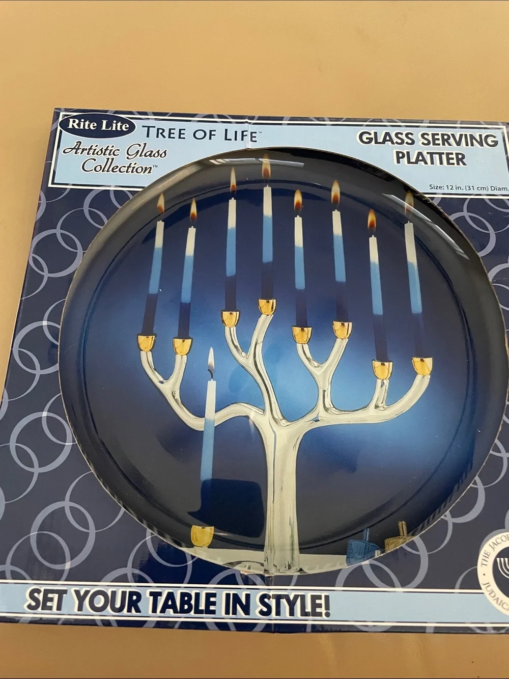 Rite Lite Tree of Life Glass Serving Platter - Blue Menorah Design 12 inches.